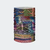 Bufanda tubular Buff Heritage, multifuncional, con estampado geométrico tipo patchwork en tonos vibrantes como azul, verde, morado, naranja y rosado.
