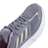 Championes Adidas Galaxy Star de mujer, color gris con detalles en lila y blanco. Presentan las tres tiras características de la marca en los laterales y entresuela Cloudfoam para mayor amortiguación.
