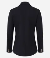 Blazer negro de punto roma con cuello solapa, cierre con ganchos, botones delanteros y forro de poliéster.
