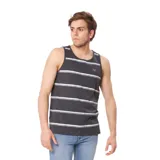 Musculosa gris con rayas horizontales blancas y amarillas, y logo de la marca en el pecho.