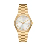 Reloj Michael Kors modelo Lennox, color dorado, con caja de acero inoxidable de 37mm, esfera blanca con números romanos dorados y movimiento de tres agujas.