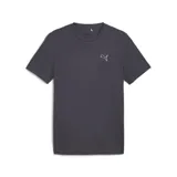 Remera gris de corte clásico, cuello redondo y manga corta. Presenta el logo de Puma bordado en blanco en el lado izquierdo del pecho.