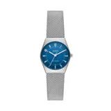 Reloj Skagen con caja plateada de acero inoxidable de 26mm y malla metálica plateada de 16mm. Esfera azul con números arábigos plateados y movimiento solar de tres agujas.