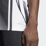 Camiseta de fútbol Adidas del Juventus F.C., modelo Home Jersey temporada 25/26, para hombre. Diseño a rayas verticales blancas y negras con detalles en rosa en cuello, mangas y hombros.
