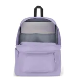 Mochila JanSport color lila, modelo Superbreak Plus, con compartimento interno para laptop y bolsillo lateral para botella.