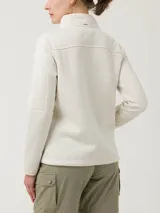 Micropolar color beige con cierre completo, cuello alto y bolsillo con cierre en la manga izquierda.