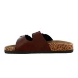 Sandalias marrones de cuero sintético con dos tiras anchas ajustables con hebilla metálica. Suela plana de corcho y base de goma.