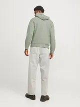 Canguro verde claro con capucha y cordones ajustables. Tiene un bolsillo tipo canguro en la parte delantera y el logo de Jack & Jones estampado en blanco en el pecho.