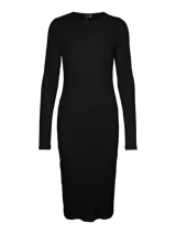 Vestido midi negro ajustado al cuerpo, de mangas largas y cuello redondo.