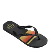 Ojotas Havaianas Top Basic negras con rayas horizontales azules y logo de la marca en la plantilla.
