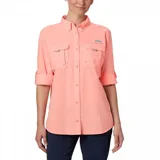 Camisa de pesca Columbia Bahama de manga larga color azul marino, con cuello abotonado, dos bolsillos frontales con cierre de velcro, ventilación en la espalda y tecnología Omni-Shade UPF 30.