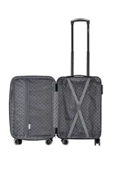 Valija chica de color rojo, con carro reforzado, cierre expansible, candado incorporado, ruedas dobles spinner 360 desmontables, sujeción y compartimiento interno. Fabricada en ABS y de 19 pulgadas.