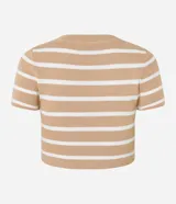 Blusa cropped de viscosa con rayas horizontales color beige y blanco, cuello redondo y mangas cortas.
