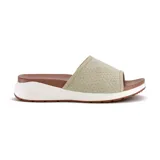 Sandalias bajas de mujer, marca Korium, color rosa, con capellada textil suave y suela blanca.