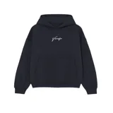 Buzo hoodie negro oversize de felpa con estampa de la marca en color blanco en la espalda.