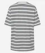 Remera oversized de algodón con cuello redondo, mangas cortas y estampado de rayas horizontales en tonos beige y marrón.