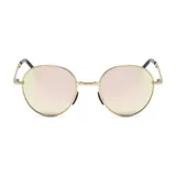 Lentes de sol unisex con montura redonda dorada, patillas negras y lentes espejadas color rosado.