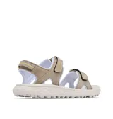 Sandalias Columbia para mujer, color beige con detalles en amarillo y blanco. Cuentan con dos correas ajustables con velcro y plantilla antimicrobiana. Su suela está diseñada para brindar soporte y estabilidad.