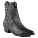 Bota corta de cuero sintético color beige, con diseño estilo western y bordados decorativos. Tiene un pequeño logo metálico en el lateral y un tacón bajo de bloque.