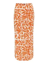 Falda midi de lino y viscosa con estampado abstracto en tonos naranja y blanco, y abertura lateral.