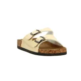 Sandalias bajas color dorado con dos tiras con hebilla y plantilla de corcho.