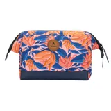 Neceser con diseño floral colorido, fabricado en poliéster reciclado, repelente al agua y con forro de poliuretano.