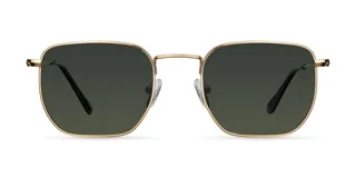 Lentes de sol de metal con diseño hexagonal, color oro, y lentes polarizados en verde.