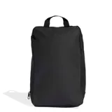 Bolsa para calzado deportiva Adidas Tiro Shoebag, color negro, con logo de la marca y tres franjas verticales blancas en el frente. Posee un asa superior para transporte y un compartimento inferior con cierre.