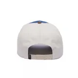 Gorra Goorin Bros con visera curva, color marrón, frente azul con parche bordado de un bulldog y parte trasera blanca de malla.