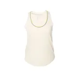 Musculosa deportiva color crema con cuello redondo y ribete azul y amarillo. Logo de Nike bordado en el ruedo.