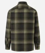 Camisa regular de algodón con estampado de cuadros en tonos verde y negro, cuello camisero, manga larga, abotonada al frente y bolsillo en el pecho.