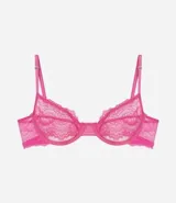 Soutien de encaje floral color fucsia sin copa y con aro, breteles ajustables y cierre en la espalda.
