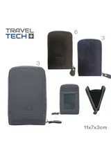 Billetera pequeña de tela color azul marino con cierre de cremallera y tirador de cuero.