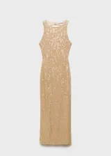 Vestido largo de fiesta color dorado con lentejuelas, cuello halter, espalda descubierta y forro interior.