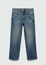 Pantalón de jean azul oscuro, de corte recto, tiro medio y largo cropped.