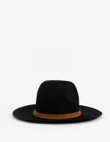 Sombrero fedora negro con cinta decorativa marrón.