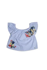 Blusa de rayas verticales celestes y blancas con escote bardot y volados. Presenta bordados florales en el frente y en los hombros.