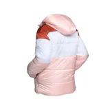 Campera puffer con capucha del Club Nacional de Football, con diseño color block en blanco, rosa y marrón. Incluye logo de Umbro y escudo del club.