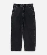Pantalón de jeans negro marmoleado, corte super baggy, tiro alto, con bolsillos delanteros y traseros.