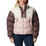 Campera puffer cropped Columbia Pike Lake II, color celeste, rosa y naranja. Cuenta con tecnología térmica reflectante Omni-Heat™, aislamiento de poliéster 100 % reciclado, puños con forro de jersey, protector de mentón, cremallera central delantera de doble dirección, bolsillo interior de seguridad, bolsillos laterales con cremallera, puños elásticos, dobladillo ajustable con ceñidor y tratamiento duradero repelente al agua sin PFC.