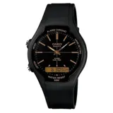 Reloj Casio ana-digi con caja de resina negra y esfera dorada. Cuenta con correa de resina negra, funciones de dual time, cronómetro y alarma. Resistente al agua hasta 50 metros.