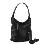 Cartera tipo hobo de color negro confeccionada en símil cuero con detalles calados. Posee apertura superior con cierre, dos bolsillos frontales con cierres metálicos y tiradores decorativos, y un bolsillo posterior con cierre. Incluye una correa corta fija para el hombro en color marrón y una correa larga adicional, desmontable y regulable.
