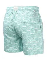 Short de baño color rosa con estampado de palmeras, con cintura elástica y cordón ajustable.
