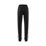 Pantalón deportivo negro con cintura elástica, corte recto y botones a presión laterales con las tres tiras blancas características de Adidas.