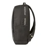 Mochila negra Caterpillar con compartimento acolchado para laptop, bolsillos laterales de malla, correas ajustables y logo reflectante.