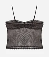 Camisete confeccionada en tule estampado de cobra, con breteles finos fijos, busto fruncido y detalle de encaje en el bajo.