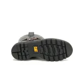 Bota Caterpillar modelo Grader Harness, de cuero negro, con caña media, suela de goma y correa decorativa con hebilla metálica.