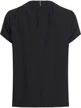 Blusa negra de poliéster reciclado con mangas cortas, cuello redondo, cierre con cremallera en la espalda y abertura en la parte delantera con barra metálica.