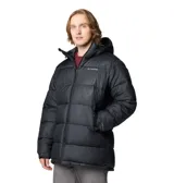 Campera puffer negra de Columbia, modelo Pike Lake, para hombre. Cuenta con capucha ajustable, cierre frontal completo, bolsillos laterales con cierre y tecnología termorreflectante Omni-Heat.
