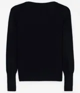 Cardigan blanco de punto con escote en V, manga larga y cierre frontal con botones negros.
